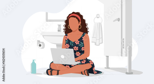 Woman working on laptop in bathroom, perfect for illustrating work-life balance or remote work challenges.