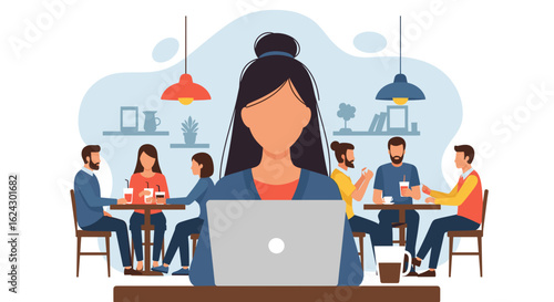 Woman working on laptop in a cafe, surrounded by people socializing; perfect for blogs, articles about remote work, or co-working spaces.