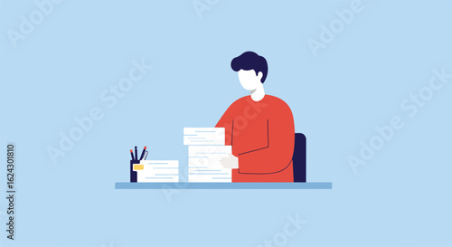 Character Sorting Stacks of Documents at Desk; for Business, Lifestyle, or Social Issues
