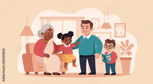Happy multigenerational family illustration for websites, brochures, or family-themed projects.