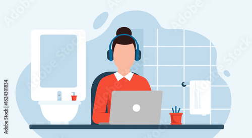 Woman working on laptop in bathroom, perfect for remote work, work from home, or flexible work articles.