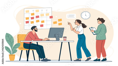 Teamwork and Collaboration: Illustration of colleagues discussing project, perfect for business presentations.