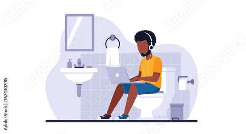 Man working on laptop in bathroom, perfect for illustrating remote work, work-life balance, or humorous content.