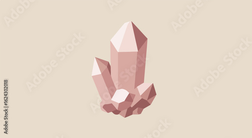 Rose quartz cluster sits on beige backdrop. Concept geology, healing, relaxation