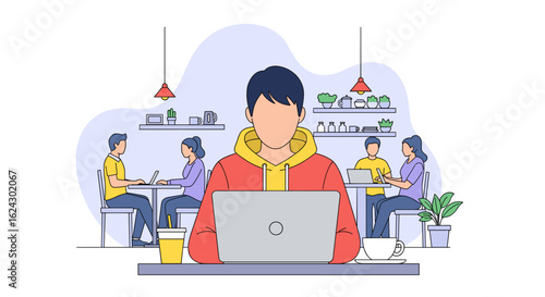 Illustration of young people working on laptops in a cafe, perfect for a blog post about remote work or coworking spaces.
