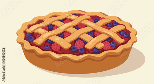 Berry pie with lattice crust, sitting on a table, for dessert ads, on cream ground