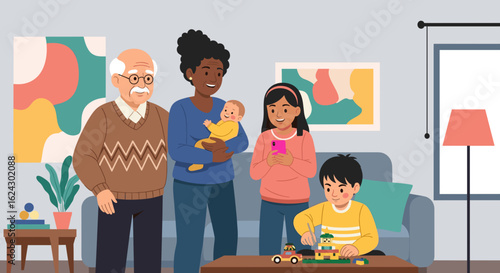 Multigenerational family enjoying time together at home, perfect for family blogs, websites, or brochures.