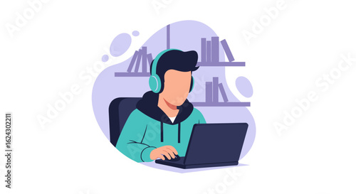 Person with headphones working on laptop, perfect for website banners or blog posts about remote work or online learning.