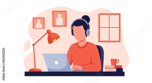 Person working from home on laptop, wearing headphones. Ideal for blog posts, websites, and presentations about remote work.