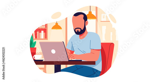 Man working on laptop in a cafe, perfect for websites, blogs, and presentations about remote work or freelance lifestyle.