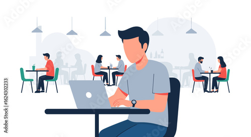 Man working on laptop in a modern cafe, perfect for website banners or blog posts about remote work or coworking spaces.