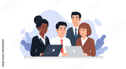 Diverse business team collaborating on laptops, ideal for website banners or presentations.