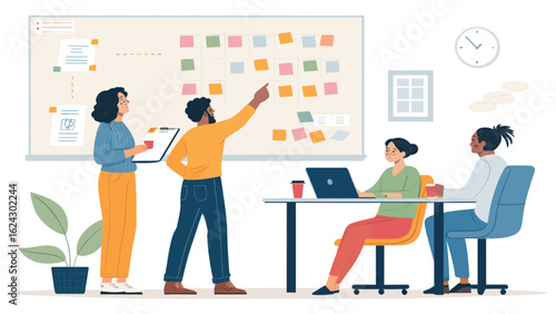 Diverse team brainstorming, using sticky notes and whiteboard for project planning. Perfect for landing pages, presentations, and marketing materials.