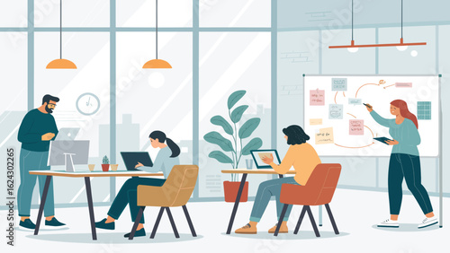 Teamwork in a modern office: Illustration perfect for websites, presentations, and marketing materials.