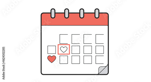 Heart marked day on a calendar with blank background to represent romantic dates