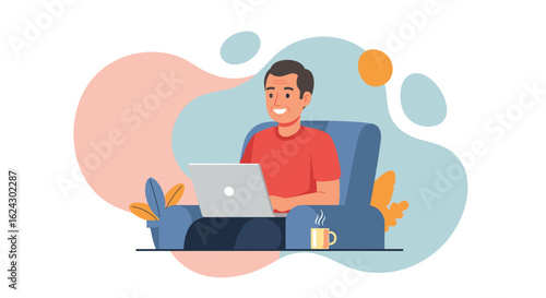 Smiling man working on laptop from home, perfect for blog posts about remote work or work-life balance.
