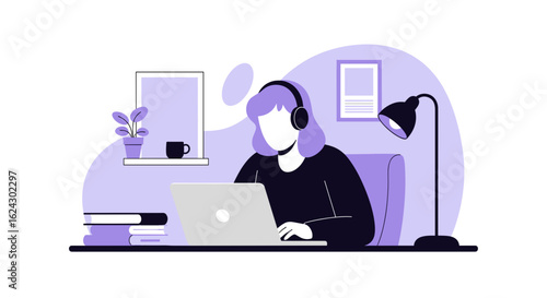 Woman working from home on laptop, perfect for remote work, freelance, or online learning websites.