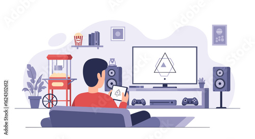 Man relaxing at home, using tablet, watching TV, perfect for blogs about home entertainment or leisure time.