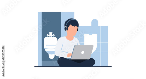 Person working on laptop in a restroom - Illustration for blog, article, or website.