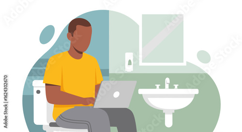 Man working on laptop in bathroom, perfect for articles about work-life balance or remote work.