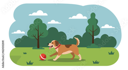 Dog playing fetch with a ball in a park with trees, grass and clouds in the sky
