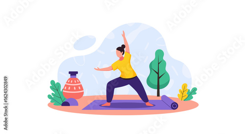 Woman practicing yoga outdoors, perfect for wellness websites or brochures.