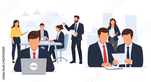 Diverse business team collaborating in a modern office setting. Ideal for websites, presentations, and marketing materials.