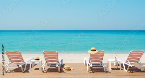 Tranquil Beach Scene  Empty Sun Loungers with Straw Hats on a Wooden Deck Overlooking the Ocean  evoking relaxation  summer leisure  and peaceful coastal retreat vibes.