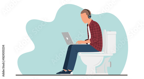Man working on laptop while sitting on toilet - Illustration for blog, article or website.