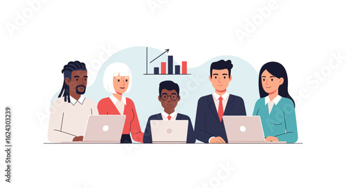 Diverse business team collaborating on laptops, ideal for website banners or presentations.