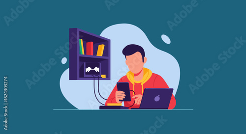 Person working from home, using laptop and phone, ideal for blog posts about remote work or productivity.