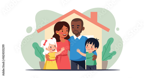 Happy family of four standing in front of their house, perfect for real estate, insurance, or family-themed websites and brochures.