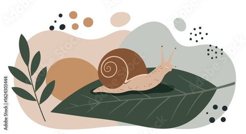 Snail crawls on a leaf. Abstract shapes background. Use for social media post
