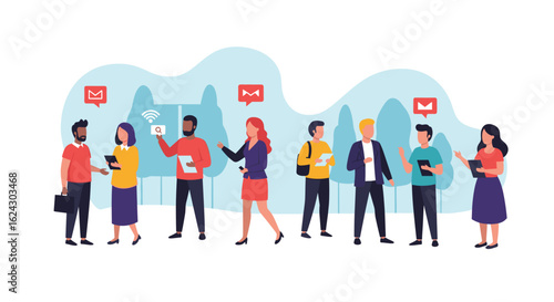 Diverse group of people using digital devices, ideal for website banners or marketing materials.