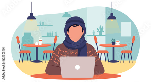 Person working on laptop in a cafe, perfect for website banners or blog posts about remote work.