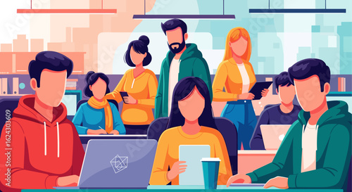 Diverse team of young professionals working together in a modern office, ideal for website banners or business brochures.