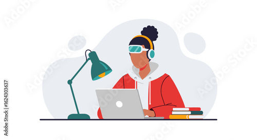Young woman studying online with laptop, perfect for education websites and online learning platforms.