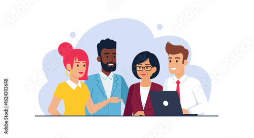 Diverse business team collaborating on a laptop; ideal for websites, presentations, and marketing materials.