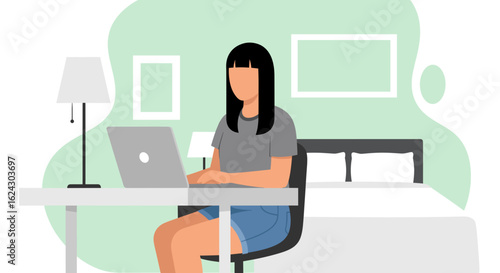 Young woman working on laptop from home, perfect for remote work or work-life balance content.