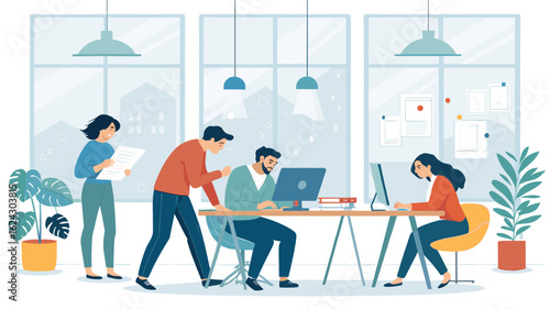 Teamwork in a modern office: Illustrative vector for websites and presentations.