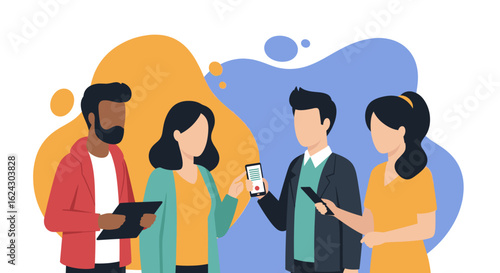 Diverse team collaborating on a mobile app project; ideal for landing pages and presentations.