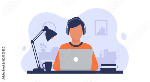 Person working from home on laptop, wearing headphones, perfect for website banners or blog posts about remote work.
