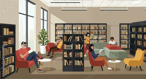 People reading books, resting on chairs, studying, or researching, in a modern library