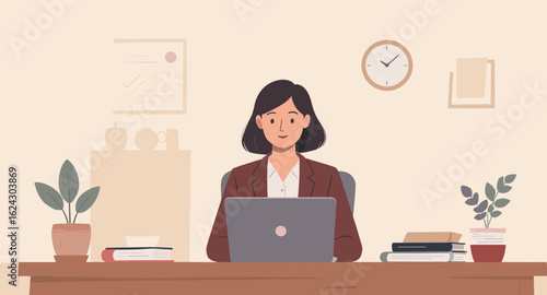 Smiling businesswoman working on laptop in modern office, perfect for website or business brochure.
