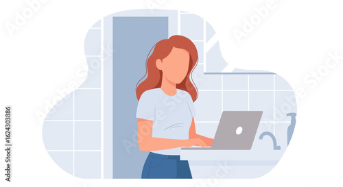 Woman working on laptop in bathroom - remote work, flexible work, modern lifestyle illustration