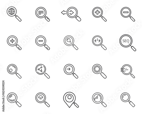Magnifying glass icon set search, zoom for blogs, websites, clipart, interface, research, education, awareness, presentations
