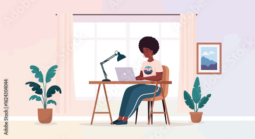 Woman working from home on laptop, ideal for remote work, freelance, or productivity blog.