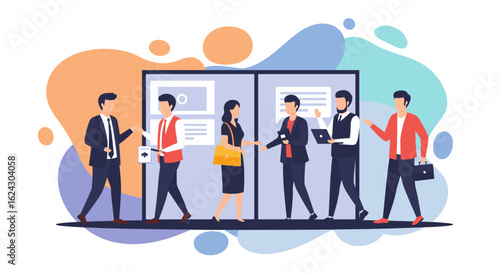 Diverse business people networking at a conference or trade show. Ideal for websites, brochures, and presentations.