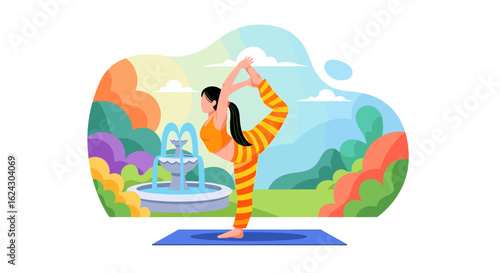 Woman doing yoga outdoors near a fountain, perfect for wellness websites or brochures.