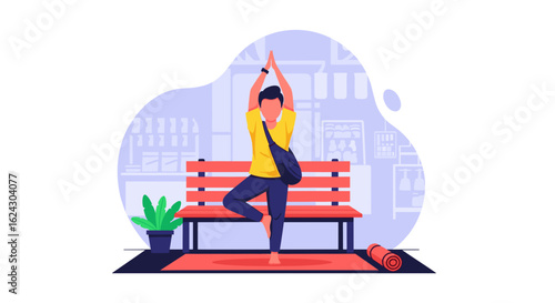 Man practicing yoga outdoors on a bench, perfect for wellness websites or brochures.